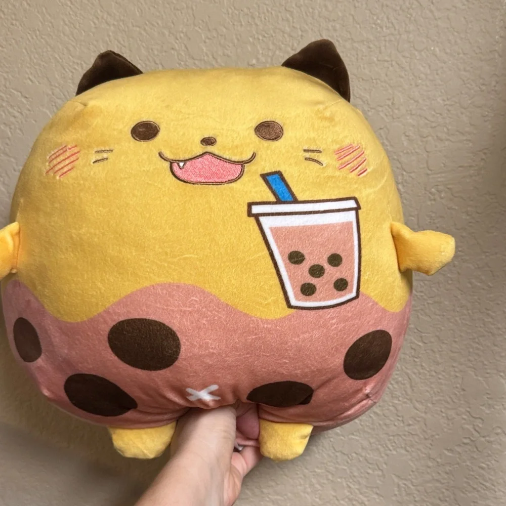 Adorable Yellow and Brown Cat Plush with Bubble Tea